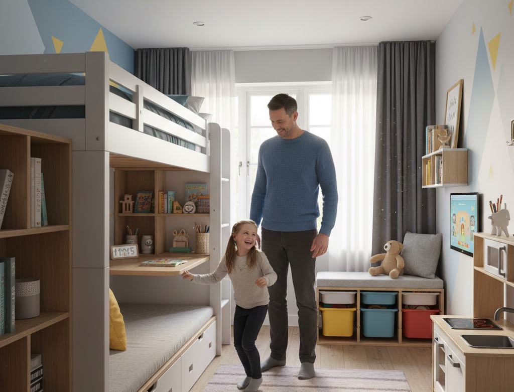 A man and a little girl are playing on a bed in a warmly decorated bedroom, creating a joyful and intimate atmosphere