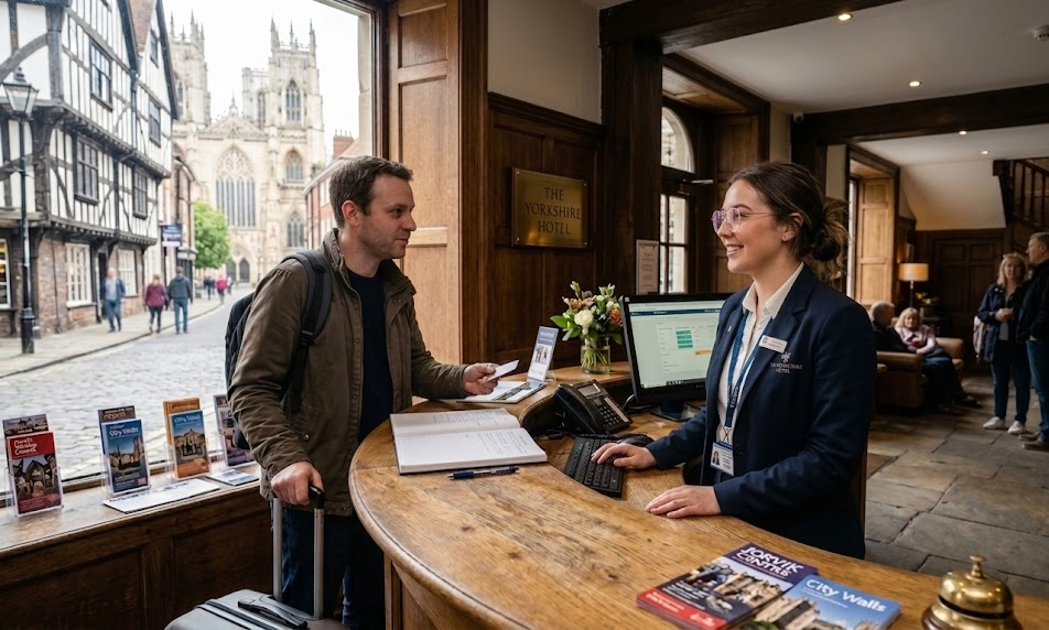 Hotel guest at reception desk checking in