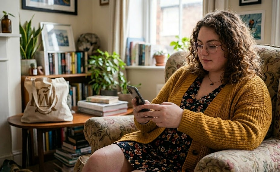 Person using phone in cosy living room setting