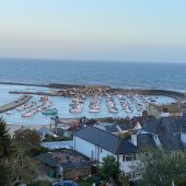 Scenic harbor view with boats and ocean