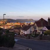 Coastal townscape at sunset, serene view