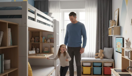 A man and a little girl are playing on a bed in a warmly decorated bedroom, creating a joyful and intimate atmosphere