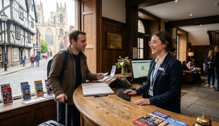 Hotel guest at reception desk checking in