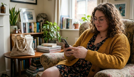 Person using phone in cosy living room setting