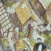 Illustrated aerial view of a reconstructed Viking village with various structures and activity scenes