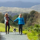 Two people walking a dog along a scenic countryside path