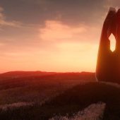 Sunset over mysterious stone monument