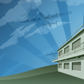 House with airplanes in blue sky background